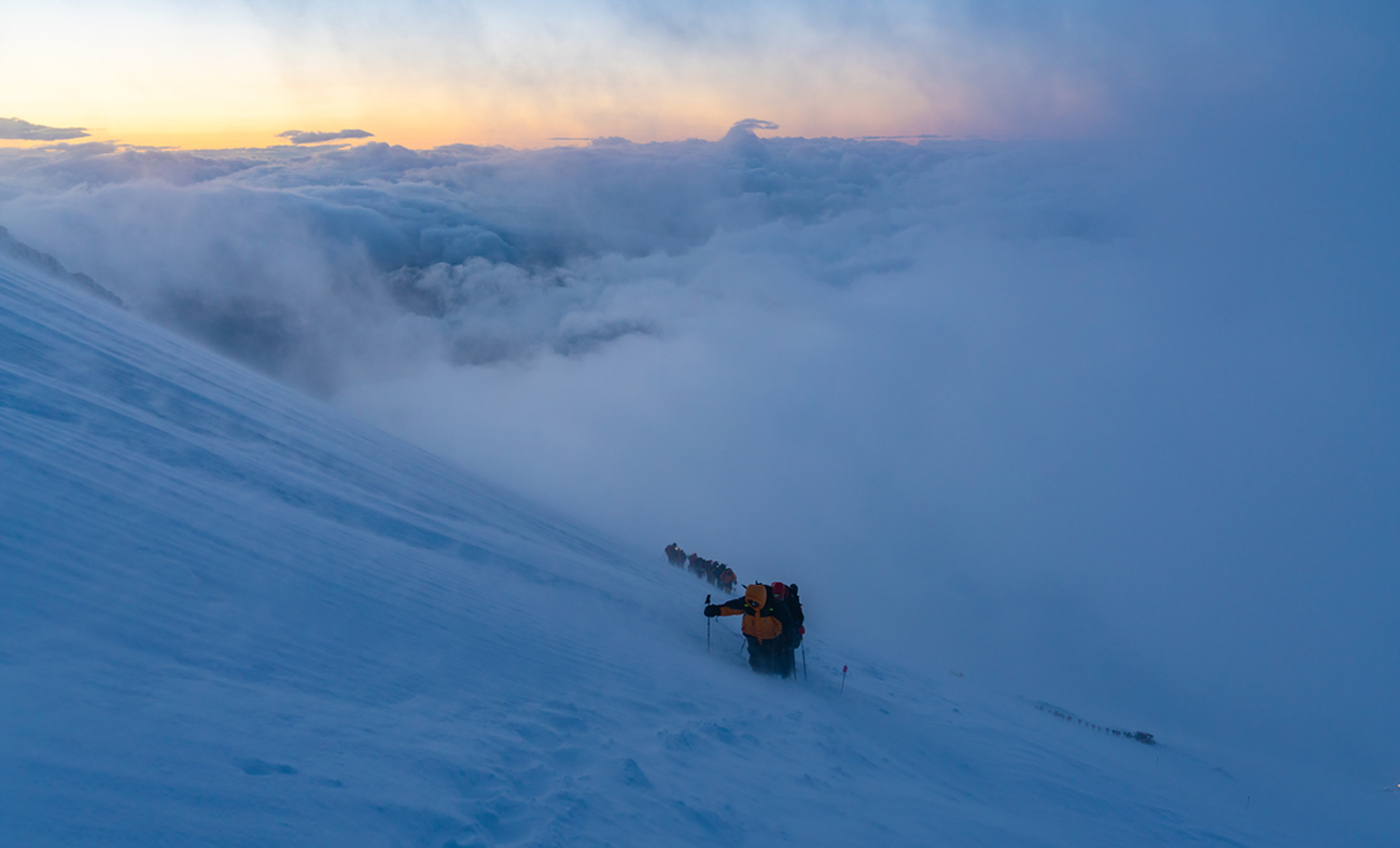 First light on Mount Elbrus Above 5,200 metres Caucasus Mountains, Russia